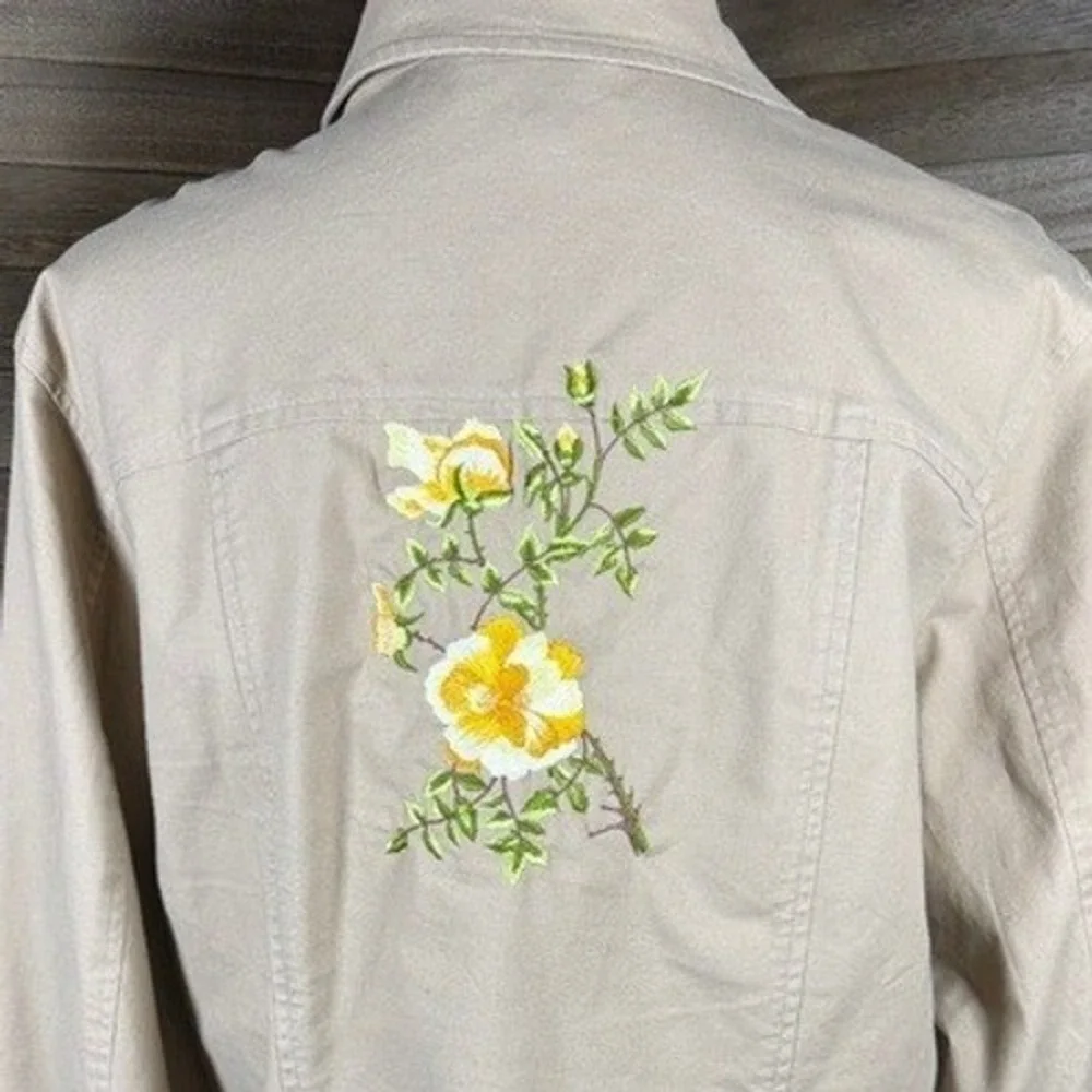 Foxcroft Stretch Tan Khaki Floral‎ Embroidered Button Front Jacket Womens XL
